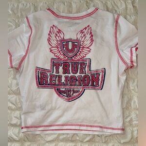 True Religion White and Pink Rhinestone Short Sleeve Tee
